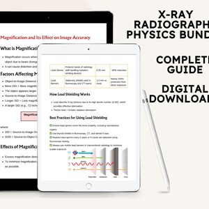 May include: A digital download guide for X-ray Radiography Physics. The guide includes information on magnification, lead shielding, and best practices for using lead shielding. The guide is presented on a tablet screen with a white stylus.
