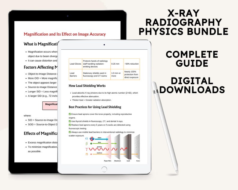 May include: A digital download guide for X-ray Radiography Physics. The guide includes information on magnification, lead shielding, and best practices for using lead shielding. The guide is presented on a tablet screen with a white stylus.