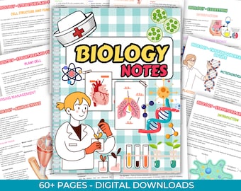 May include: A colourful digital download of biology notes for students. The cover features a cartoon illustration of a female scientist holding a plant, a heart, lungs, DNA, and test tubes. The text "Biology Notes" is in a large, bold font.