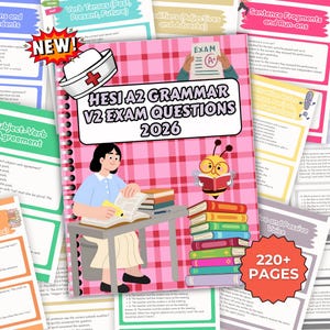 以下が含まれることがあります： 「HESI A2 GRAMMAR V2 EXAM QUESTIONS 2026」と題された、ピンク色のスパイラル綴じの学習ガイド。学生と本を読む蜂の漫画イラストが描かれています。表紙には看護師の帽子と「NEW！」と書かれた赤いスターバーストがあります。