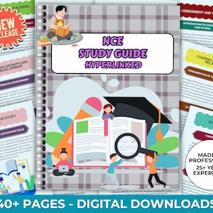 May include: A digital study guide for the NCE exam, featuring a cover with the title "NCE Study Guide Hyperlinked." The image includes illustrations of students, books, and a magnifying glass. The guide contains over 40 pages of digital downloads.