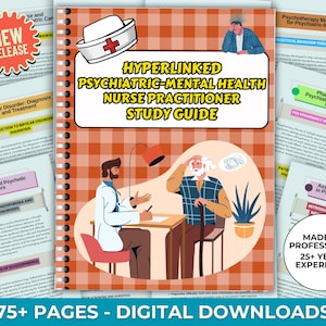 May include: A spiral-bound study guide titled "Hyperlinked Psychiatric-Mental Health Nurse Practitioner Study Guide." The cover features illustrations of a nurse and a patient, with text indicating 75+ pages of digital downloads. Includes "New Release" badge.