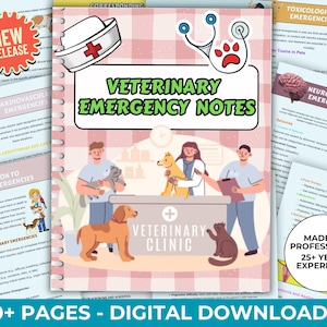May include: A pink and white illustrated cover for a digital download of veterinary emergency notes. The cover features a veterinary clinic with a veterinarian and a client holding pets. The text on the cover reads "Veterinary Emergency Notes" and "40+ Pages - Digital Downloads".