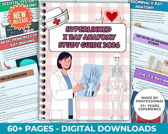 May include: A medical study guide titled "Hyperlinked X Ray Anatomy Study Guide 2026" with a nurse's cap illustration. The guide features a woman holding an X-ray image, a skeleton, and various medical diagrams. The cover includes the text "New Release".