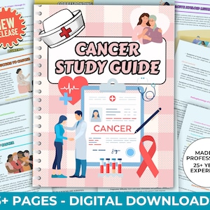 Peut inclure: Un guide d'étude numérique sur le cancer, rose et blanc, avec le titre "Cancer Study Guide" en gras en blanc. Le guide comprend des illustrations de médecins, de patients et d'équipements médicaux. Le texte "35+ Pages - Téléchargements numériques" est en bas de l'image.