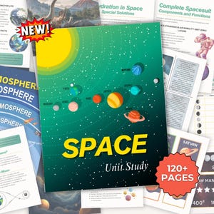 Puede incluir: Un conjunto de materiales educativos con temática espacial. La imagen central es una portada verde titulada "SPACE Unit Study" con ilustraciones de planetas. Páginas adicionales cubren temas como la atmósfera, las fases lunares y los trajes espaciales. Una pegatina "¡NUEVO!" es visible.