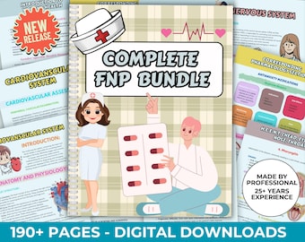 May include: A colorful digital download bundle for Family Nurse Practitioners (FNPs) with over 190 pages of content. The cover features a cartoon illustration of two nurses, a pill bottle, and a heart rate monitor. The text "COMPLETE FNP BUNDLE" is in large, bold letters.