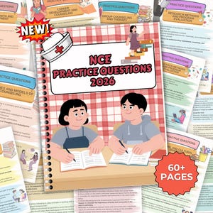 May include: A spiral-bound notebook titled "NCE Practice Questions 2026" with a cartoon illustration of two students studying. The cover features a nurse's hat and a red starburst that says "NEW!". The notebook is surrounded by pages with practice questions.