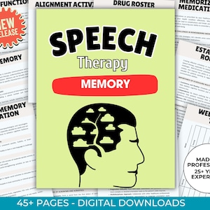 Könnte beinhalten: Ein digitaler Download für Sprachtherapie mit Schwerpunkt auf Gedächtnis. Das Cover zeigt einen grünen Hintergrund mit einer schwarzen Silhouette eines Kopfes mit Wolken darin. Der Text "Speech Therapy Memory" ist in großen schwarzen Buchstaben. Der Text "45+ Seiten - Digitaler Download" befindet sich am unteren Rand der Seite.