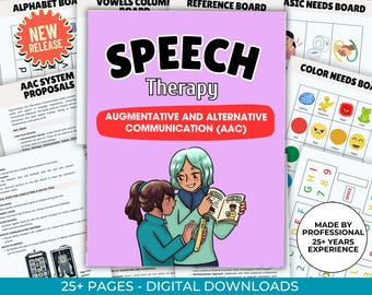 May include: A pink and purple digital download for speech therapy. The cover features two cartoon girls, one with green hair and one with brown hair, holding a book. The text on the cover reads "Speech Therapy Augmentative and Alternative Communication (AAC)" and "25+ Pages - Digital Downloads".