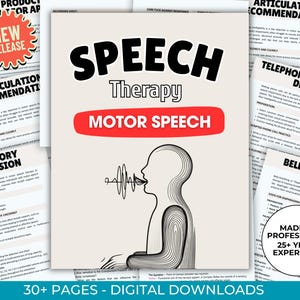 Pode incluir: Um download digital para terapia da fala com mais de 30 páginas de exercícios e atividades. A capa apresenta uma ilustração em preto e branco de uma pessoa falando com ondas sonoras. O texto "Speech Therapy Motor Speech" está em vermelho e preto.