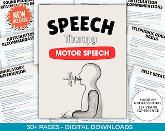 May include: A digital download for speech therapy with over 30 pages of exercises and activities. The cover features a black and white illustration of a person speaking with sound waves. The text "Speech Therapy Motor Speech" is in red and black.