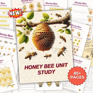 May include: A collection of educational worksheets with a honey bee theme. The central image features a detailed illustration of a honeycomb, bees, and the text "HONEY BEE UNIT STUDY". The worksheets include various activities, with a "NEW!" sticker and a "85+ PAGES" badge.
