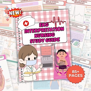 May include: A spiral-bound study guide titled "EKG Interpretation Nursing Study Guide" with a cartoon nurse illustration. The guide features medical diagrams and the text "85+ PAGES". The cover has a pink gingham pattern.