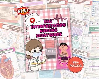 May include: A spiral-bound study guide titled "EKG Interpretation Nursing Study Guide" with a cartoon nurse illustration. The guide features medical diagrams and the text "85+ PAGES". The cover has a pink gingham pattern.