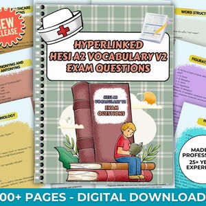 May include: A digital download study guide for the HESI A2 exam, featuring vocabulary questions. The cover shows a cartoon student reading on a stack of books. The guide includes medical terminology, synonyms, antonyms, and word structure sections.