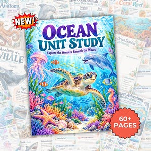 Pode incluir: Um livro educativo colorido intitulado Ocean Unit Study Explore the Wonders Beneath the Waves, apresentando uma tartaruga marinha, golfinho, água-viva e recife de coral. A capa inclui uma estrela vermelha NEW e 60+ PAGES.