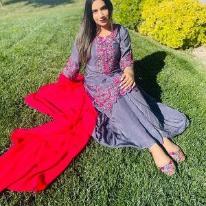 Grey sharara suit with magenta heavy embroidery and contrast chiffon dupatta