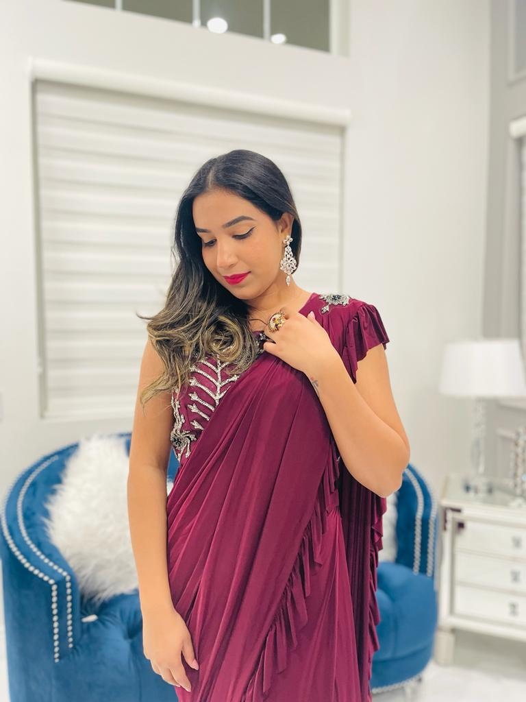 Buy Purple Lycra Fabric Stitched Saree With Heavy Embroidery