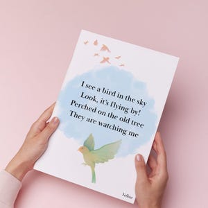 May include: A white print featuring a watercolor illustration of a bird with the text "I see a bird in the sky, Look, it's flying by! Perched on the old tree, They are watching me." The word "Yellow" is at the bottom.