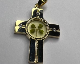 Echte 4 vierblättrige Kleeblatt vergoldet Kreuz Charme Halskette Schmuck