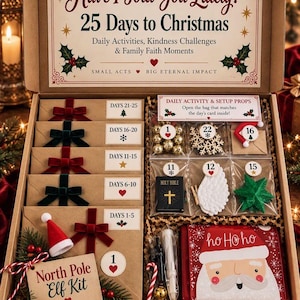 May include: A cardboard box containing a 25 Days to Christmas advent kit. The lid features text including Have I Told You Lately? 25 Days to Christmas. Inside are brown envelopes with velvet bows, clear bags with numbered props, and a Santa-themed box.