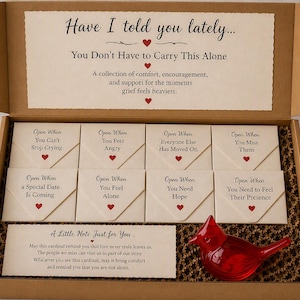 May include: A brown cardboard gift box containing eight small cream-colored envelopes with red heart icons, each labeled with specific emotional prompts. The box includes printed cards with text about grief and a small, glossy red glass cardinal figurine.