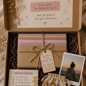 May include: A brown cardboard gift box containing a stack of pastel envelopes tied with twine, a tag reading 'Ten letters for ten different days', a card with text about reminders, a small drawstring pouch with wooden charms, and a photo print.