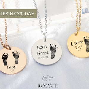 Actual Baby Footprint Necklace - Minimalist Newborn Baby Feet Necklace with Name - Personalized Baby Jewelry- FIRST CHRISTMAS New Mom Gift