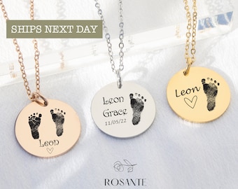 Actual Baby Footprint Necklace - Minimalist Newborn Baby Feet Necklace with Name - Personalized Baby Jewelry- FIRST MOTHERS DAY New Mom Gift