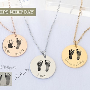 Actual Baby Footprint Necklace with Name Personalized Custom Newborn Baby Feet Handprint Necklace  FIRST CHRISTMAS GIFT for New Mom