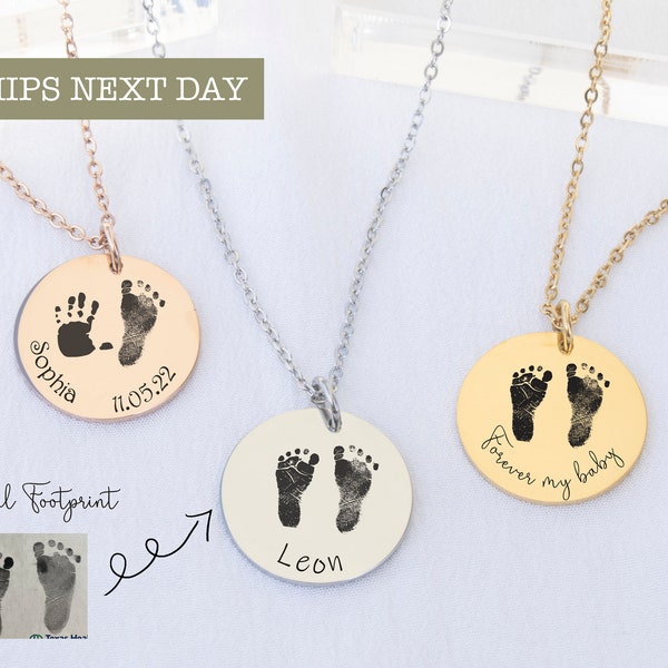 Actual Baby Footprint Necklace with Name Personalized Custom Newborn Baby Feet Handprint Necklace  FIRST MOTHERS DAY New Mom / Newborn Gift