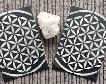 6x4" black & cream flower of life flat board canvas. Geometric art. Hand painted geometry. abstract art. sacred geometry canvas.