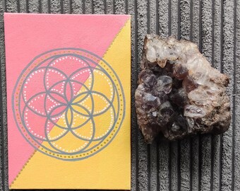 6x4" pink & yellow flower of life flat board canvas. Geometric art. Hand painted geometry. abstract art. sacred geometry canvas.