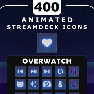 Puede incluir: Gráfico azul oscuro con el número "400" en la parte superior, seguido del texto "ANIMATED STREAMDECK ICONS". Debajo, un panel negro muestra iconos temáticos de Overwatch, incluyendo un corazón, botones de reproducción y auriculares.