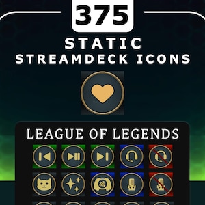 Puede incluir: Gráfico digital con 375 iconos estáticos de Streamdeck. La imagen muestra un icono de corazón y una cuadrícula de iconos de League of Legends, incluyendo símbolos de reproducción, pausa y micrófono. El fondo es un degradado verde oscuro y negro.