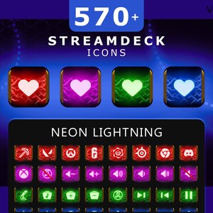 Op de afbeelding: Een digitale afbeelding met Streamdeck-pictogrammen met een neon bliksemthema. De afbeelding toont een verzameling kleurrijke vierkante pictogrammen met verschillende symbolen en een hartpictogram. De tekst "570+ STREAMDECK ICONS" staat bovenaan.
