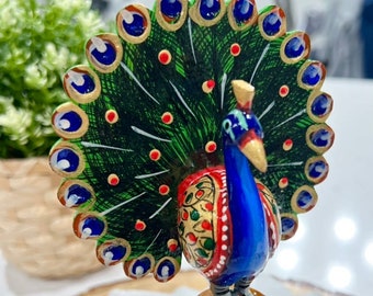 Wooden Peacock Figurine, Hand Carved Peacock Sculpture, Prosperity Indian Peacock, Handmade Miniature Peacock Statue, Indian Gifts Diwali