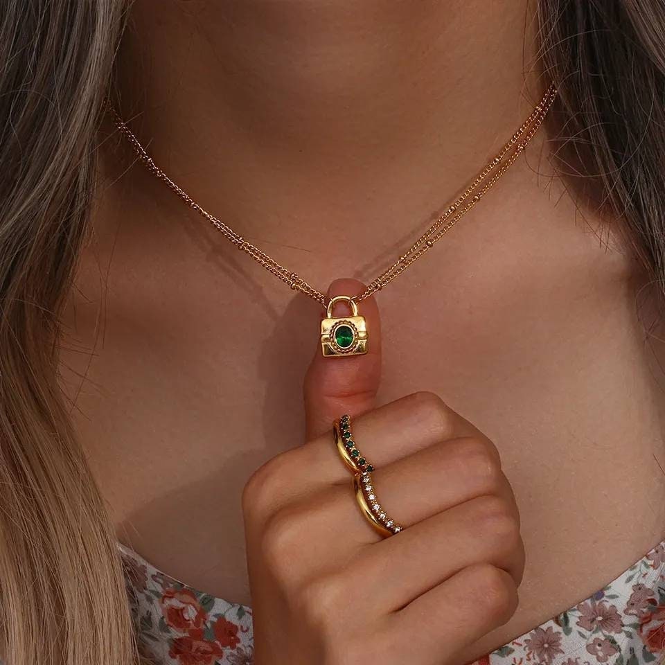 Lock Green Zircon Stone Pendant Necklace Double Chain Love 