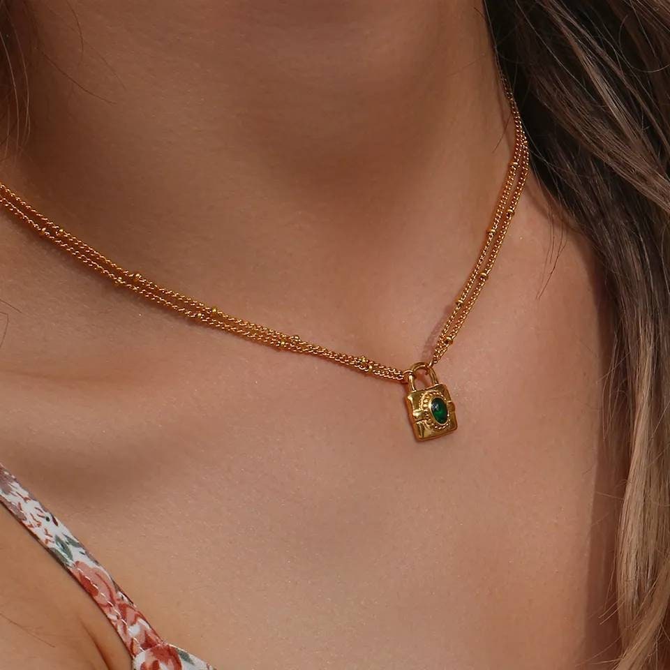 Lock Green Zircon Stone Pendant Necklace Double Chain Love 
