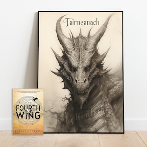 May include: A black and white illustration of a dragon's head with the text "Tairneanach" above it. The dragon has large horns and sharp teeth. The illustration is framed in a black frame.