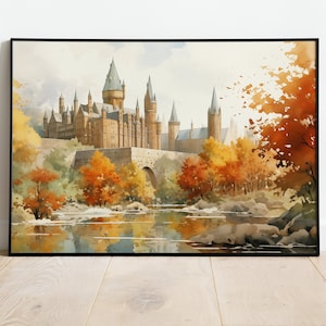 Wizard School Castle Autumn Watercolor Painting, Wizarding School Wall Art, Printable, Instant Download Poster