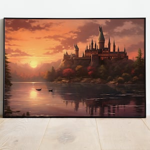 Wizard School Castle Sunset Painting, Wall Art, Printable, Instant Download Poster