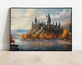 May include: A framed print of a castle on a rocky hill overlooking a lake. The castle has multiple towers and spires. The scene is set in autumn, with colorful trees and mountains in the background. The sky is cloudy.