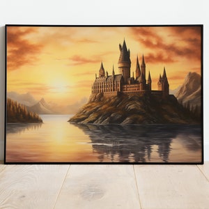 Wizard School Castle Sunset Watercolor Painting, Wall Art, Printable, Instant Download Poster