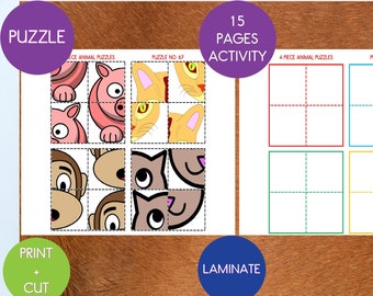 4 Pieces Animals Puzzles sequence. Printable puzzle activity.