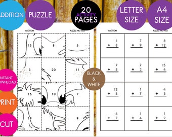2O Addition Puzzle (Black & White) Sum Up To 20. Addition (Adding) Animal Puzzles for kids. Printable Instant Download. Digital