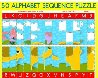 50 Animal puzzle alphabet sequence A-Z. Printable puzzle activity.