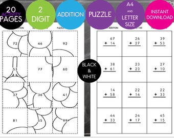 Rompecabezas de suma de 2 dígitos (blanco y negro) Suma hasta 100. Rompecabezas de suma (suma) para niños. Descarga instantánea imprimible. Digital