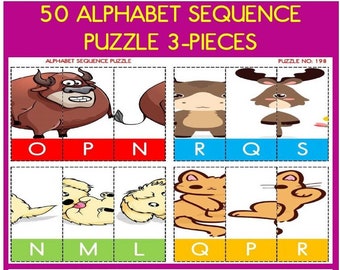 3 piece Animal puzzle alphabet sequence. Printable puzzle activity.